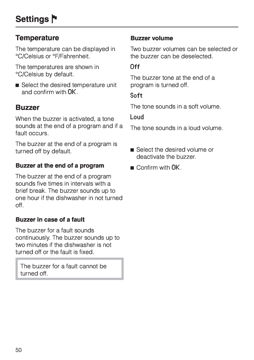 Miele G 2830 SCi Temperature, Settings J, Buzzer at the end of a program, Buzzer in case of a fault, Buzzer volume 