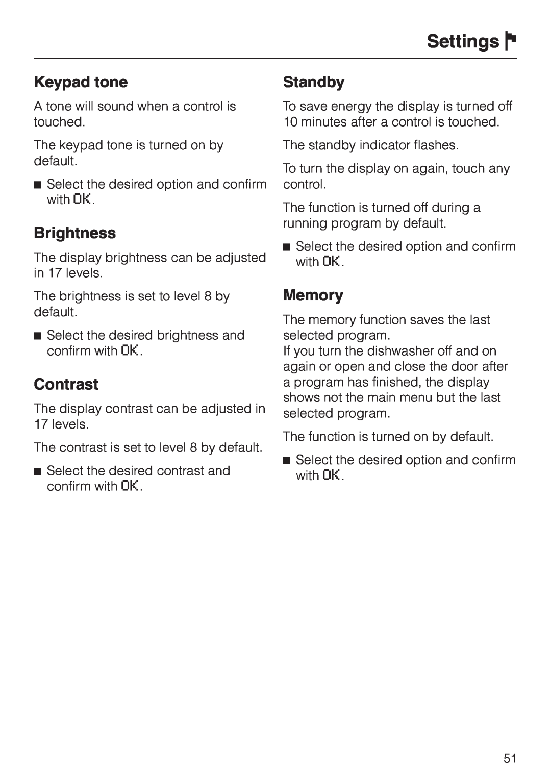 Miele G 2830 SCi manual Keypad tone, Brightness, Contrast, Standby, Memory, Settings J 