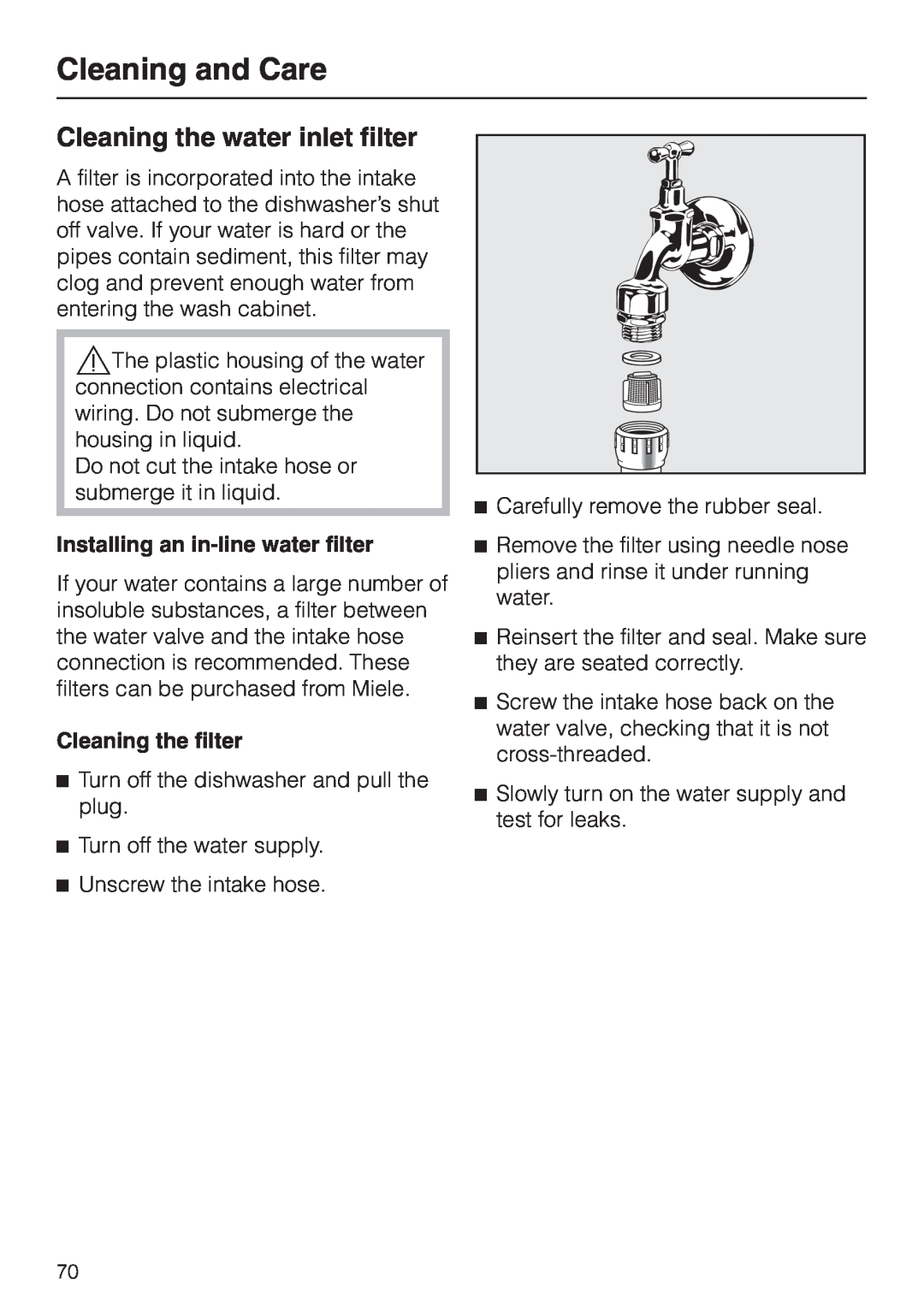 Miele G 2830 SCi manual Cleaning the water inlet filter, Cleaning and Care, Installing an in-linewater filter 