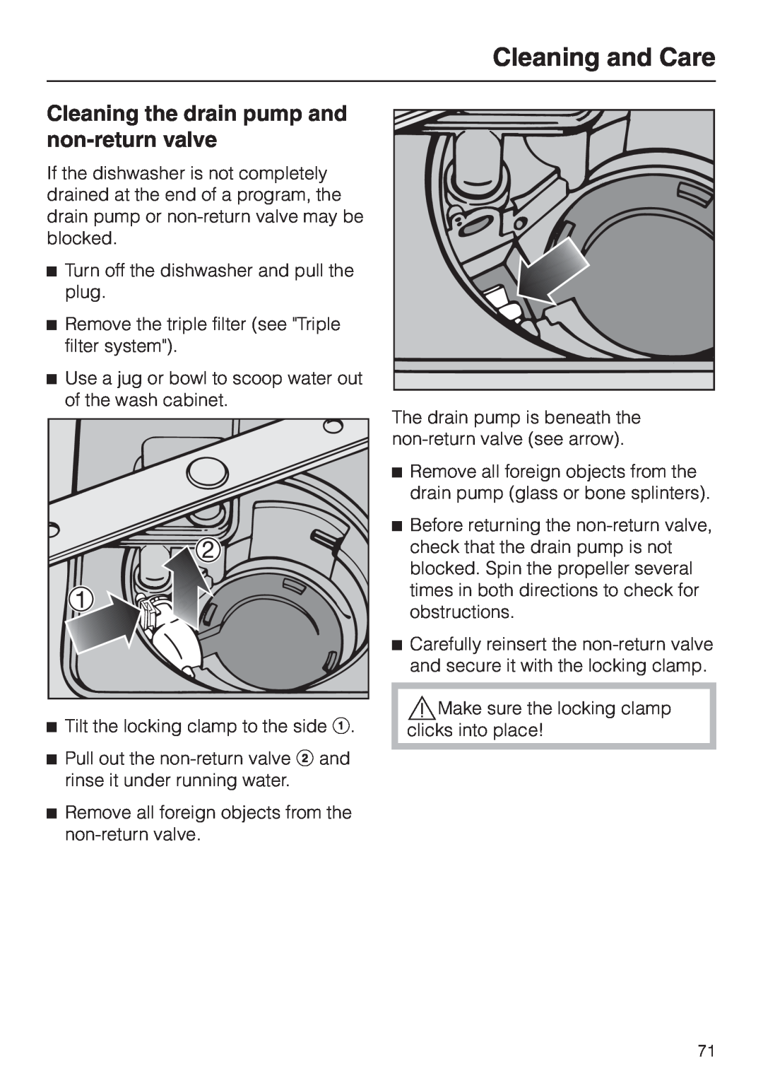 Miele G 2830 SCi manual Cleaning the drain pump and non-returnvalve, Cleaning and Care 