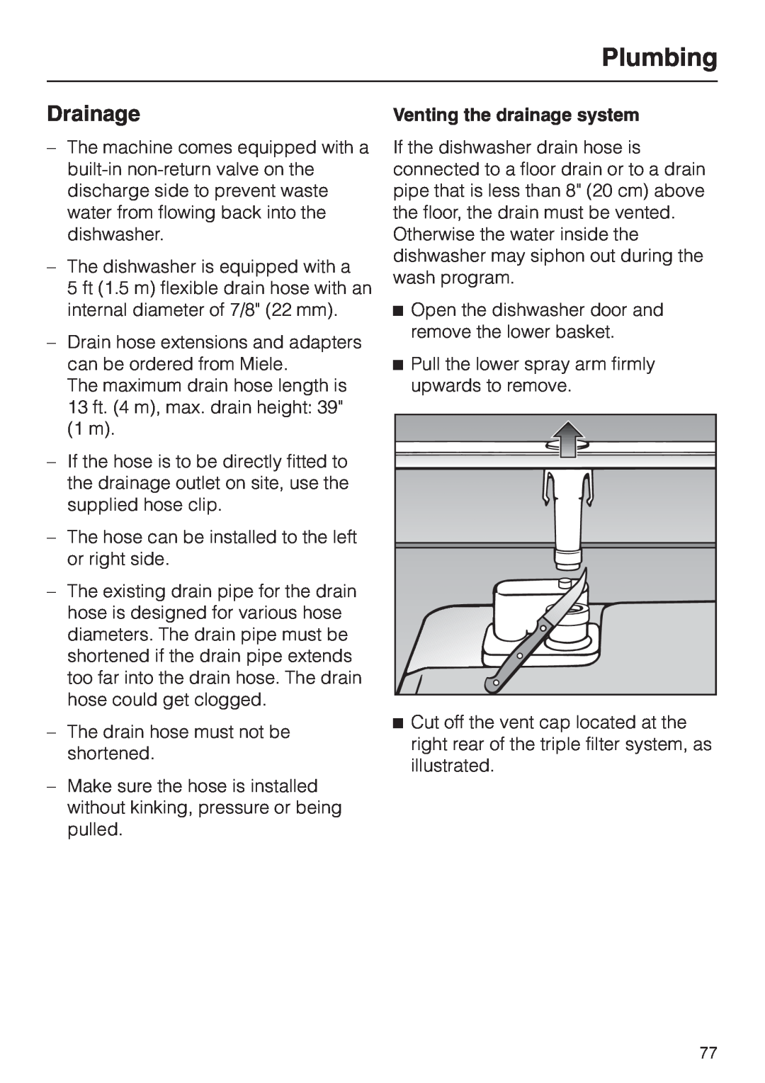 Miele G 2830 SCi manual Drainage, Plumbing, Venting the drainage system 