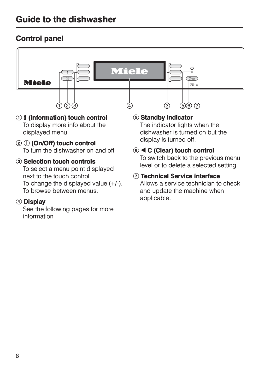 Miele G 2830 SCi manual Control panel, Guide to the dishwasher 