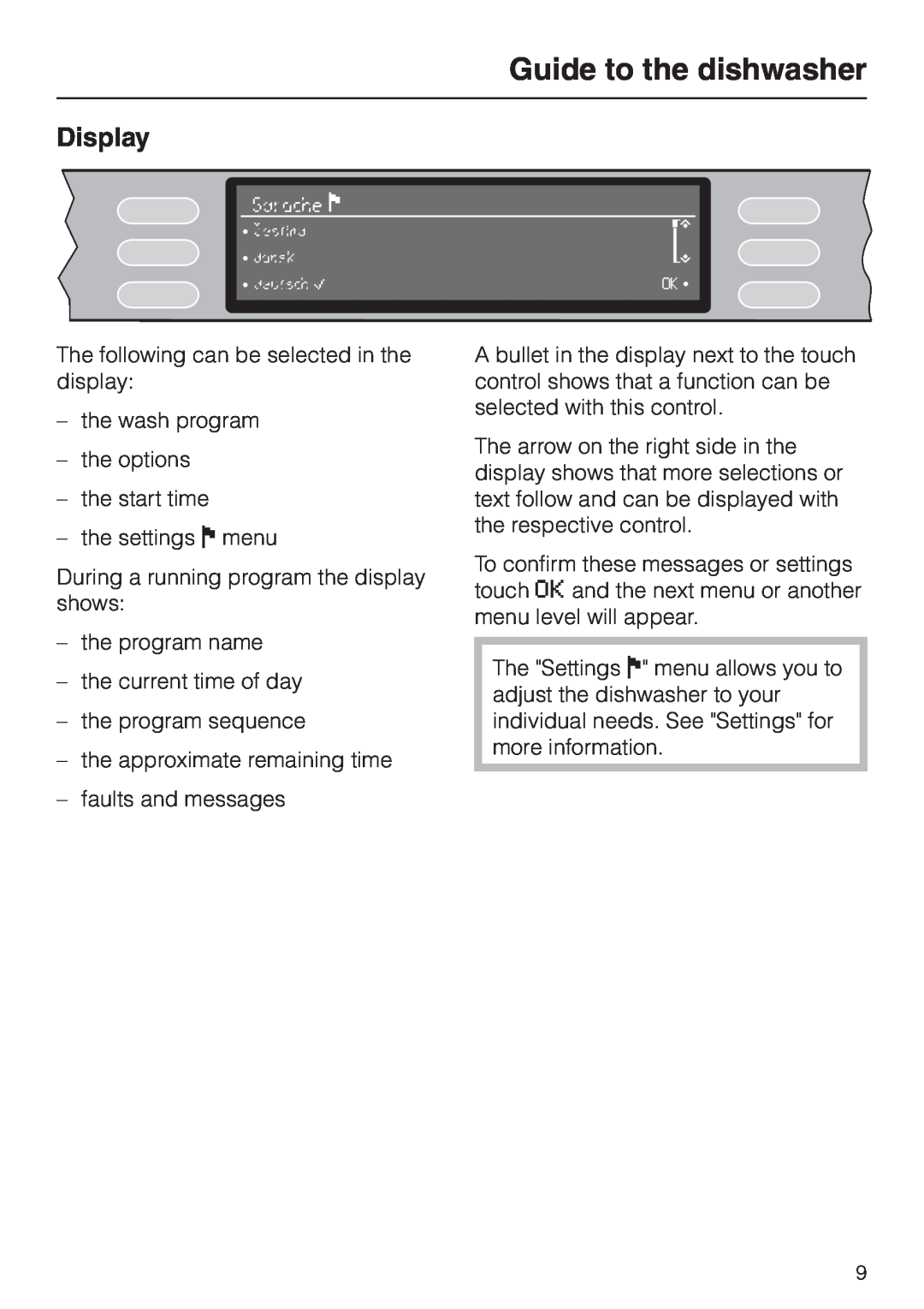 Miele G 2830 SCi manual Display, Guide to the dishwasher 