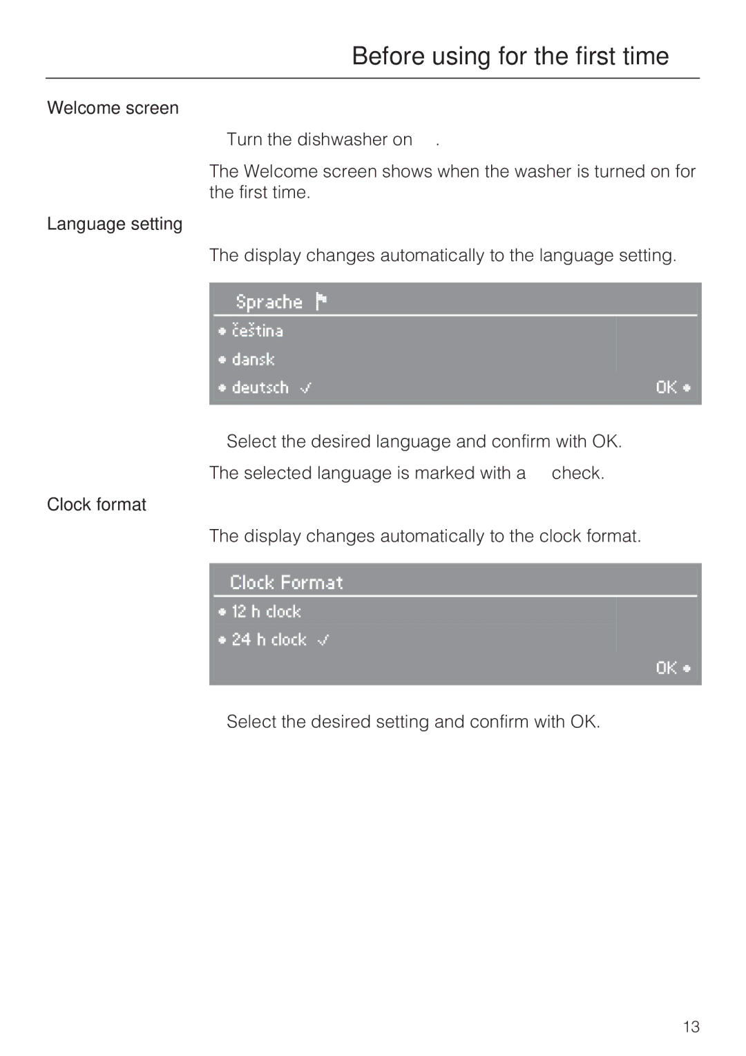 Miele G 2832 manual Welcome screen, Language setting, Clock format 