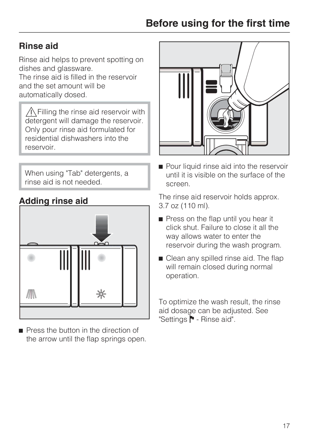 Miele G 2832 manual Rinse aid, Adding rinse aid 