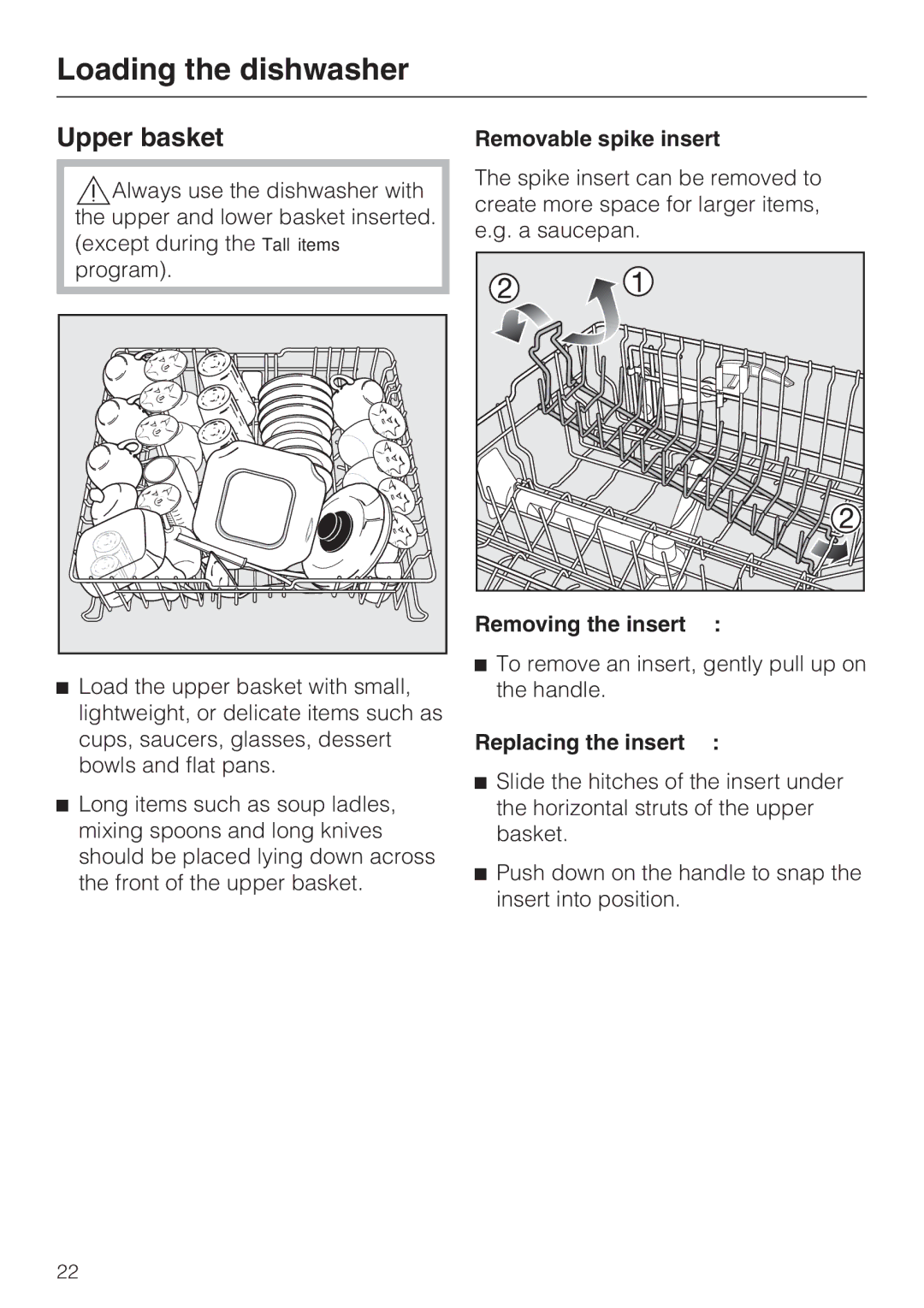 Miele G 2832 manual Upper basket, Removable spike insert, Removing the insert, Replacing the insert 