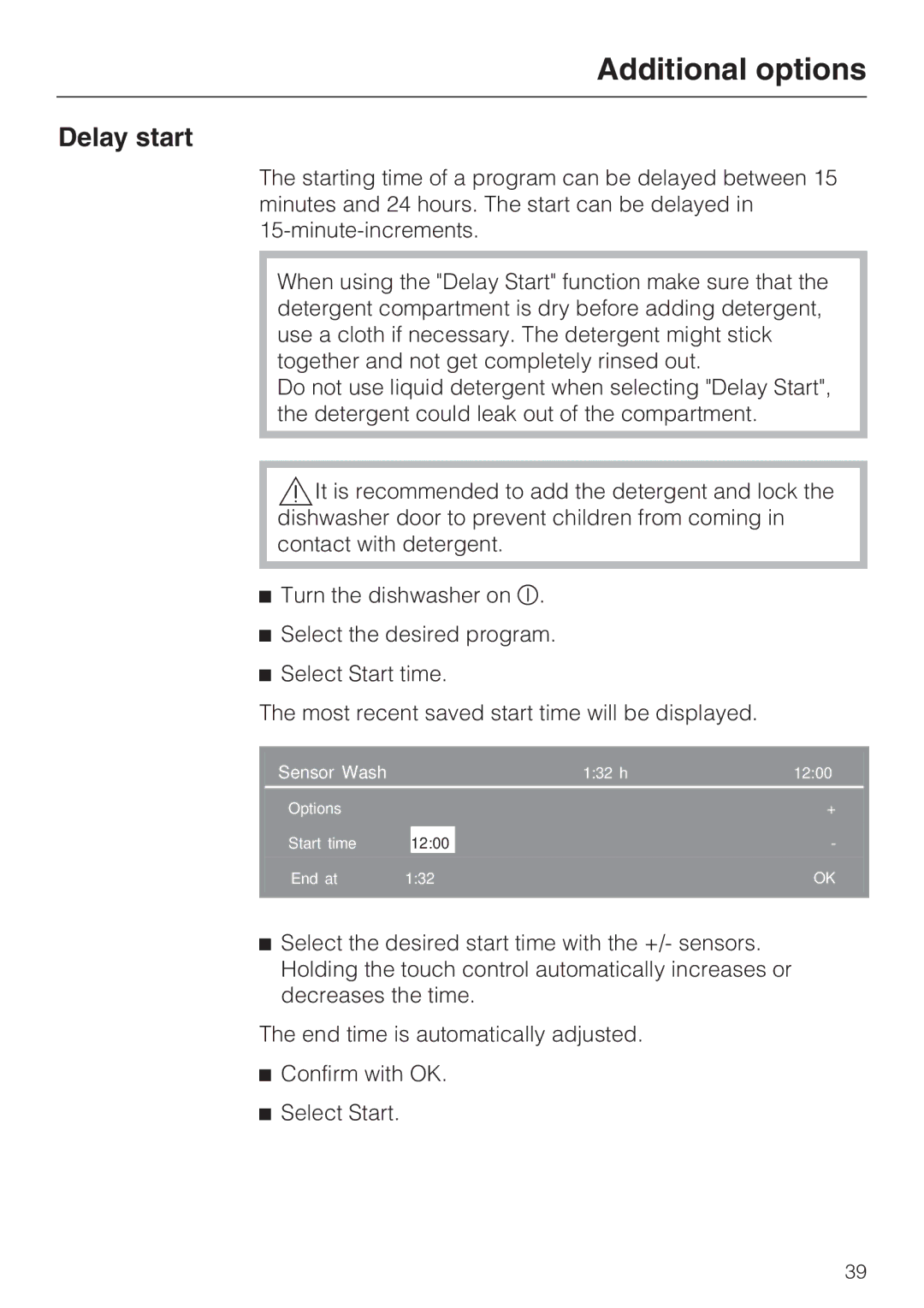 Miele G 2832 manual Additional options, Delay start 