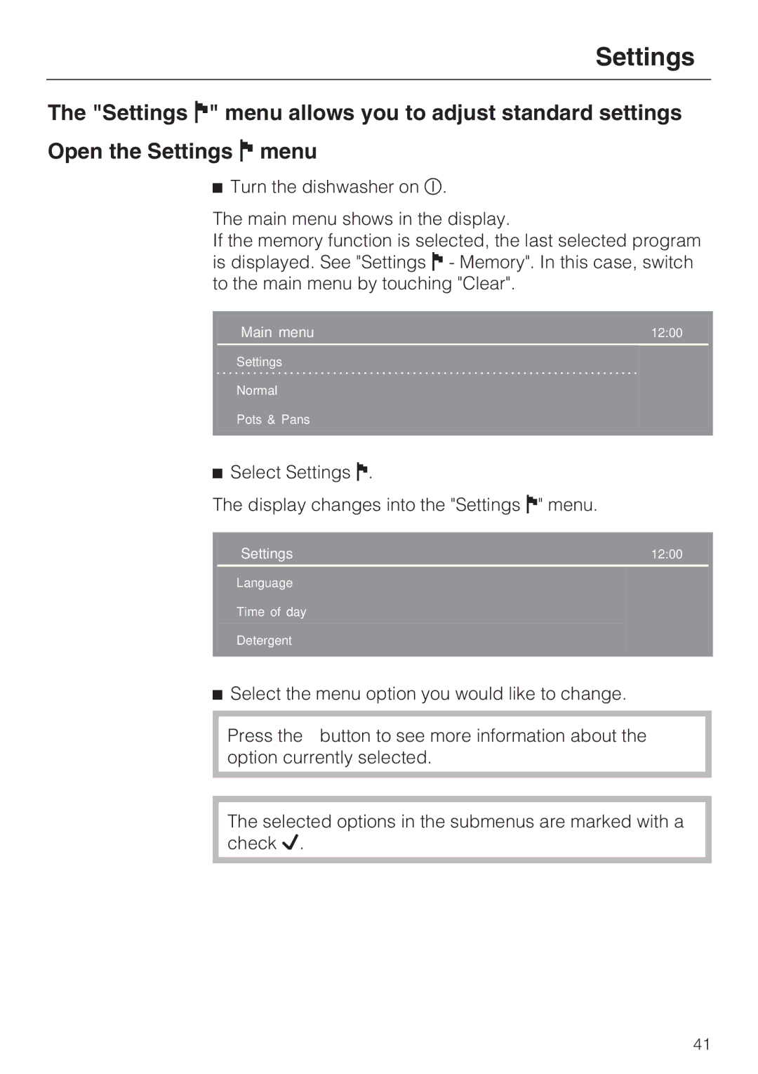 Miele G 2832 manual Settings, Select the menu option you would like to change 