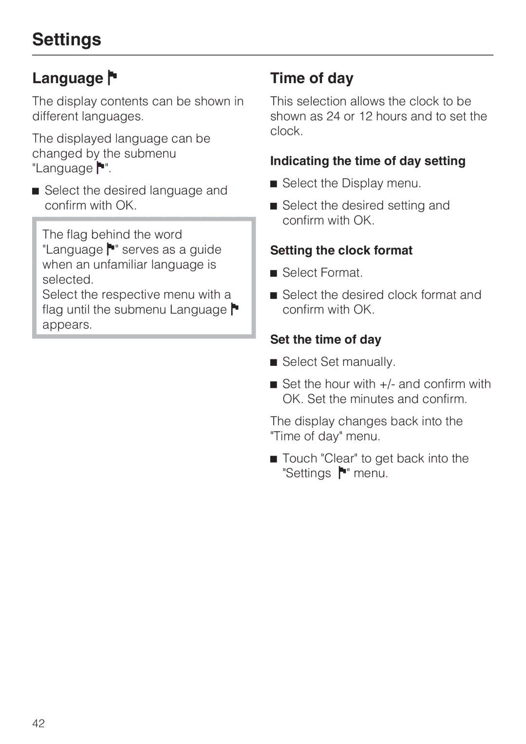 Miele G 2832 Language, Time of day, Indicating the time of day setting, Setting the clock format, Set the time of day 