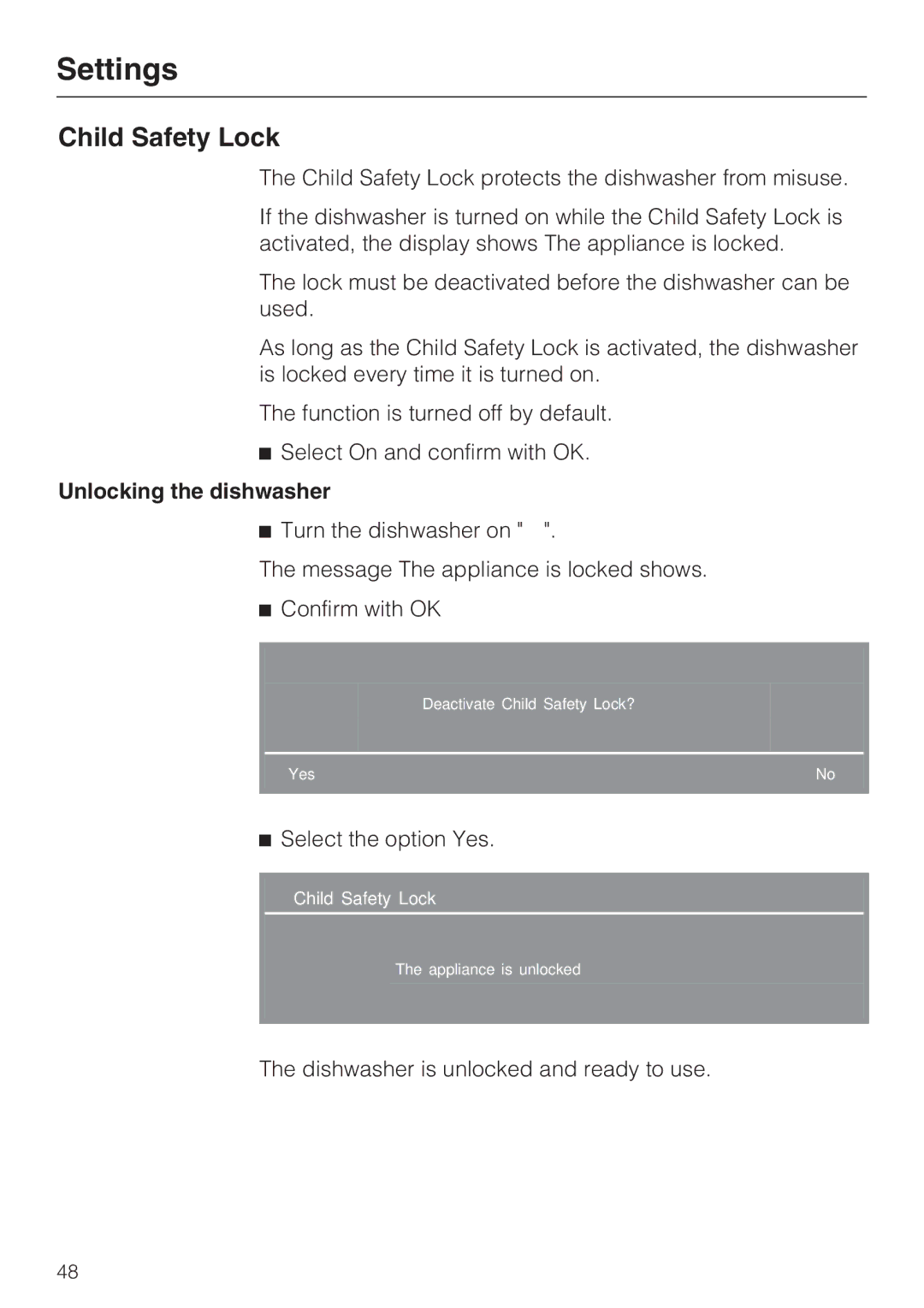 Miele G 2832 manual Child Safety Lock, Unlocking the dishwasher 