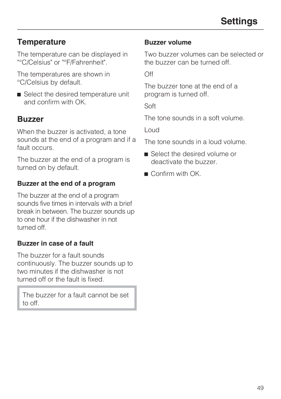 Miele G 2832 manual Temperature, Buzzer at the end of a program, Buzzer in case of a fault, Buzzer volume 