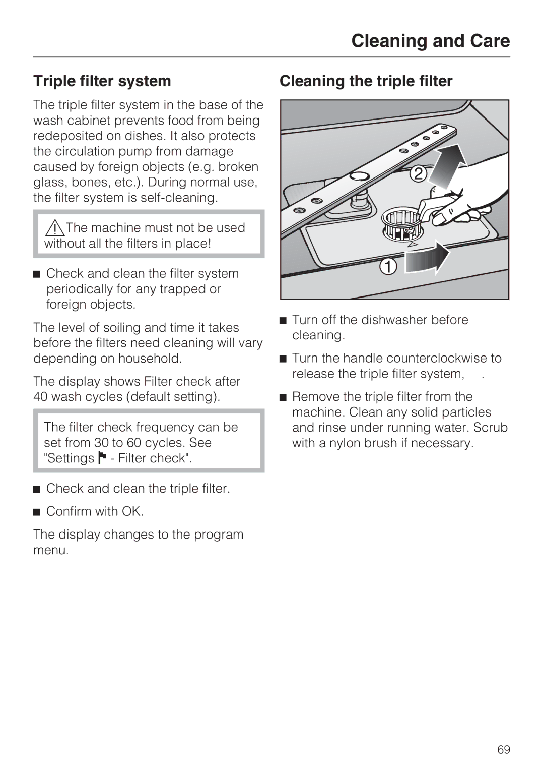 Miele G 2832 manual Triple filter system Cleaning the triple filter 