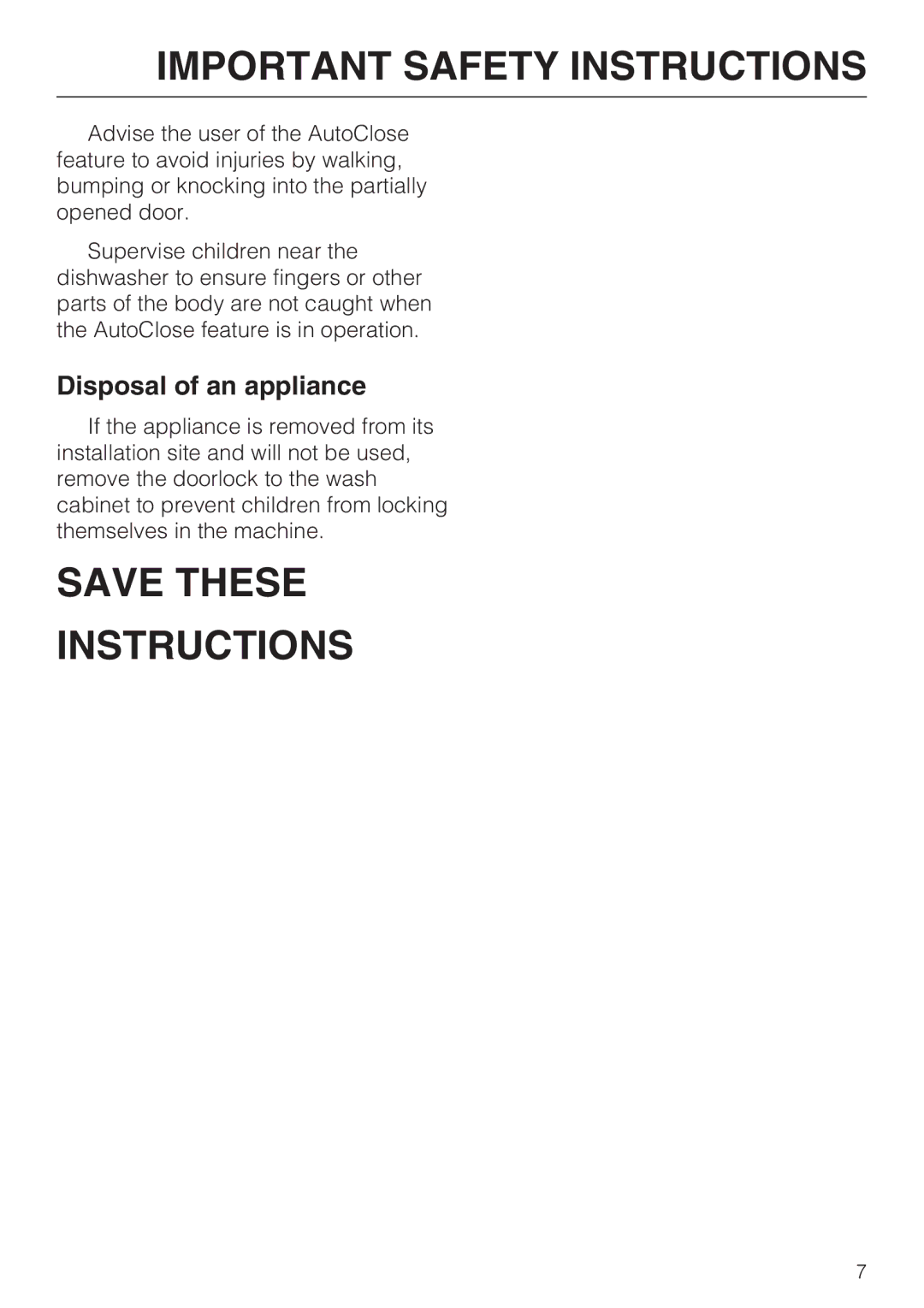 Miele G 2832 manual Save These Instructions, Disposal of an appliance 