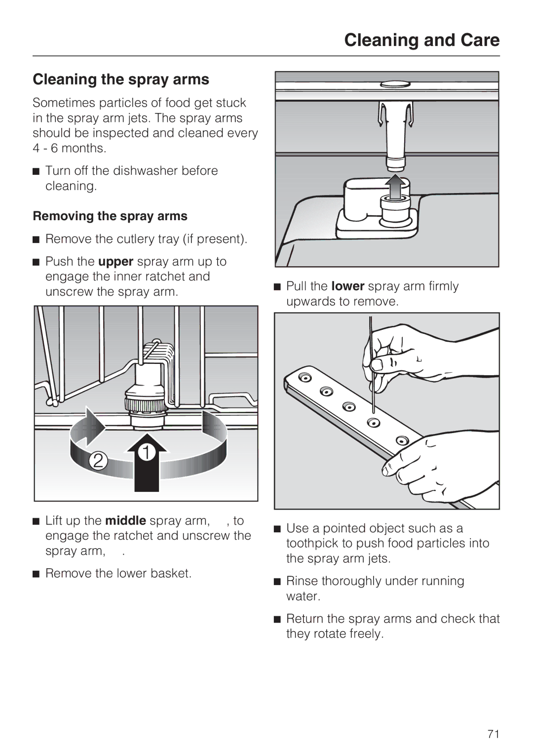 Miele G 2832 manual Cleaning the spray arms, Removing the spray arms 