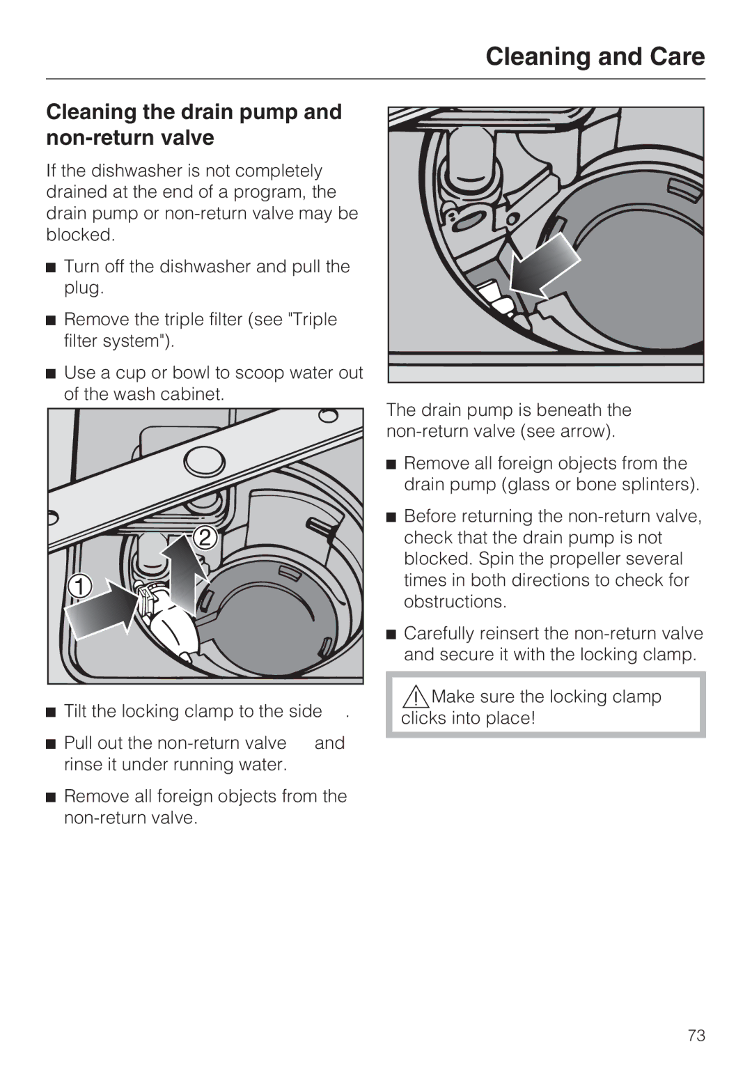 Miele G 2832 manual Cleaning the drain pump and non-return valve 