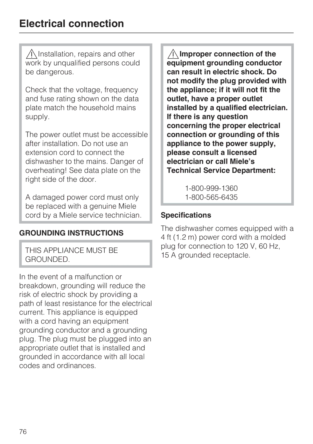 Miele G 2832 manual Electrical connection, Grounding Instructions 