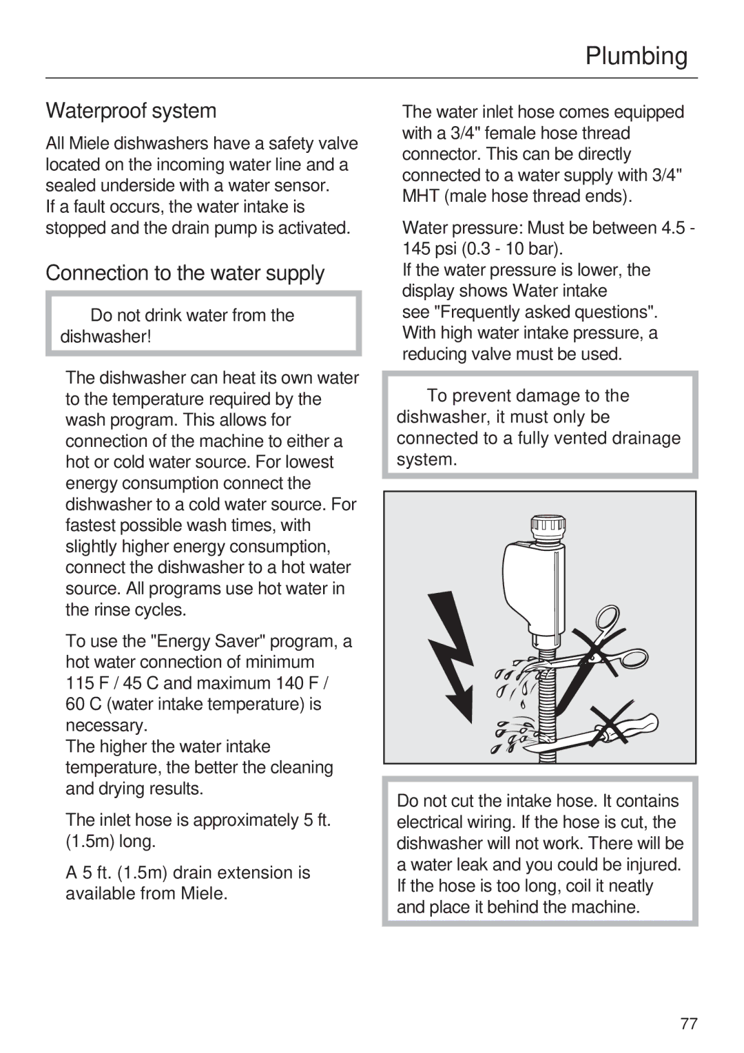 Miele G 2832 manual Plumbing, Waterproof system, Connection to the water supply 