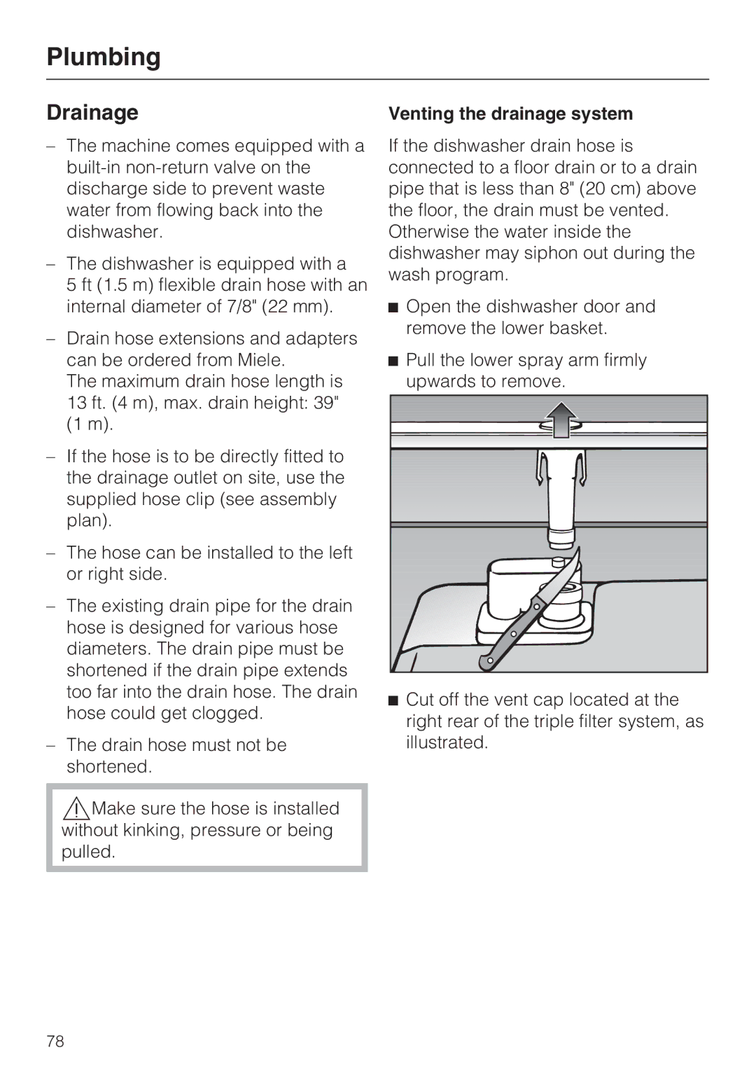 Miele G 2832 manual Drainage, Venting the drainage system 