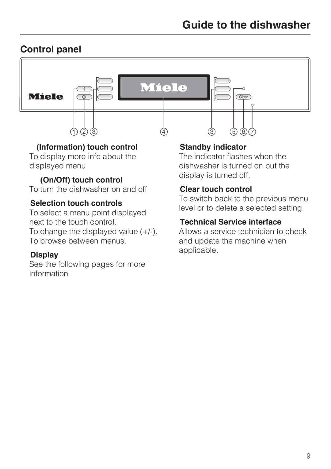 Miele G 2832 manual Control panel, Selection touch controls, Display, Standby indicator, Clear touch control 