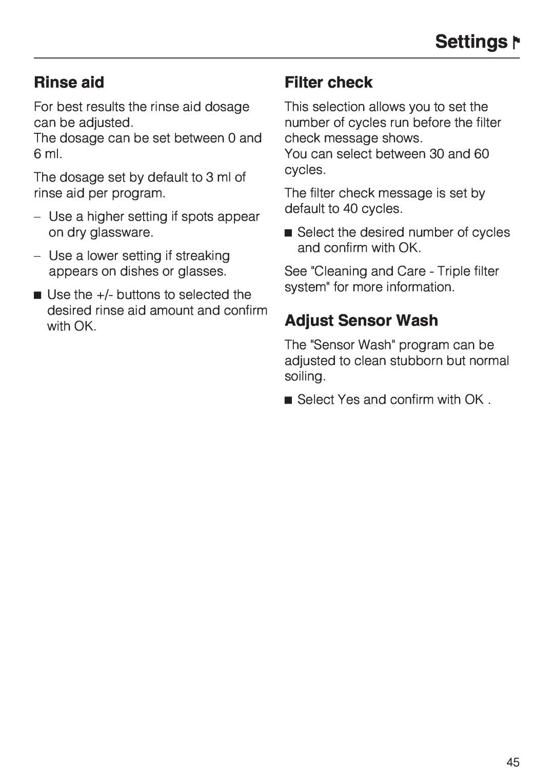 Miele G 2832 manual Filter check, Adjust Sensor Wash, Settings, Rinse aid 