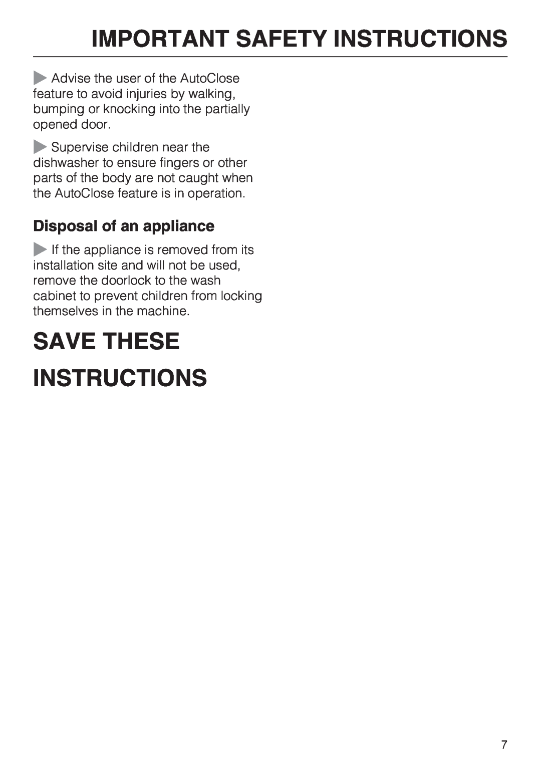Miele G 2832 manual Save These Instructions, Disposal of an appliance, Important Safety Instructions 