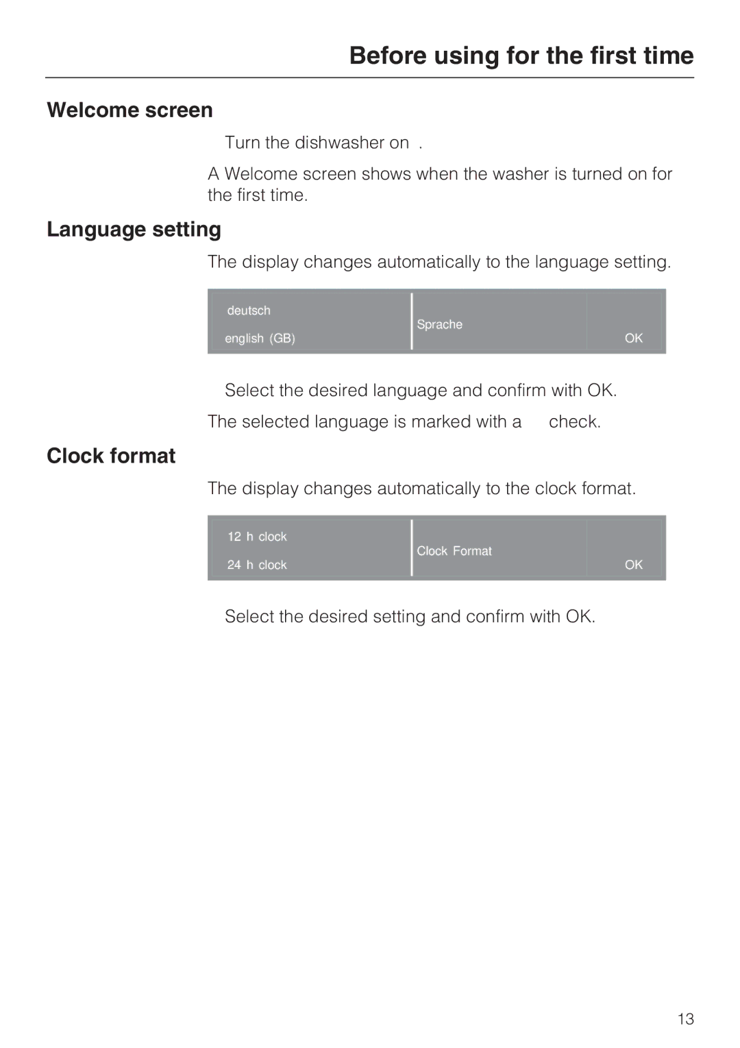 Miele G 2872 operating instructions Welcome screen, Language setting, Clock format 