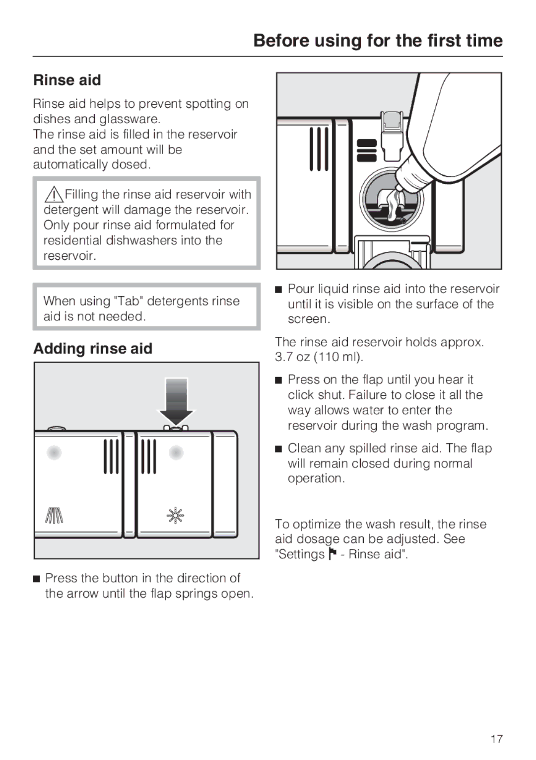 Miele G 2872 operating instructions Rinse aid, Adding rinse aid 