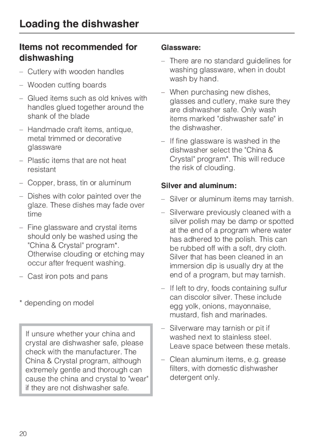 Miele G 2872 operating instructions Items not recommended for dishwashing, Glassware, Silver and aluminum 