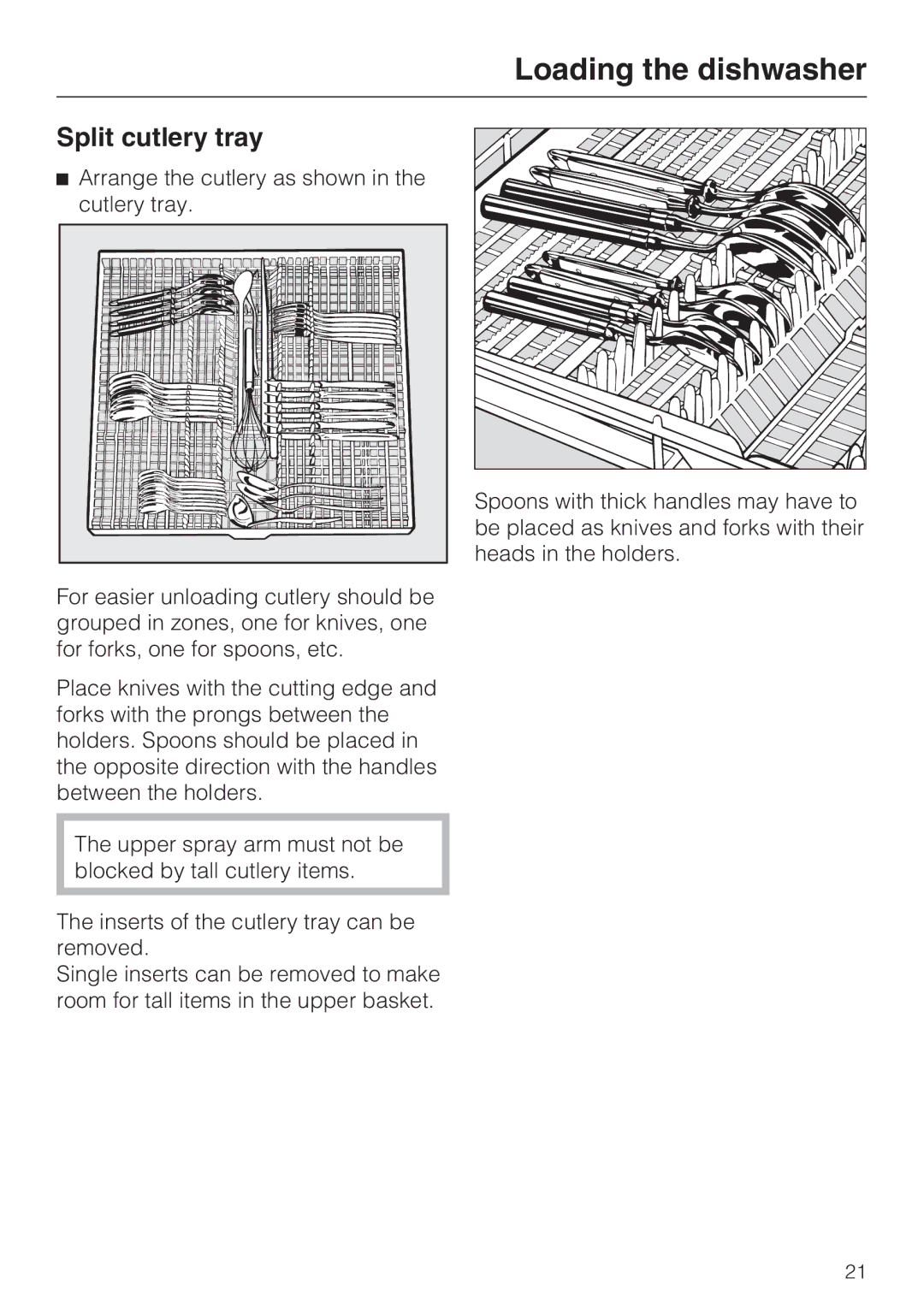 Miele G 2872 operating instructions Split cutlery tray 