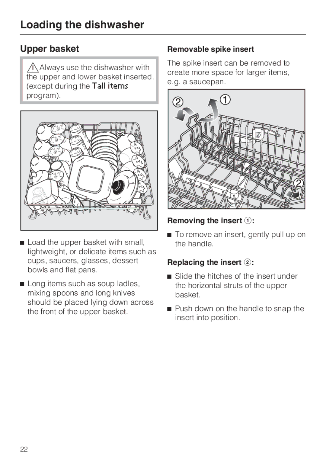 Miele G 2872 operating instructions Upper basket, Removable spike insert, Removing the insert, Replacing the insert 