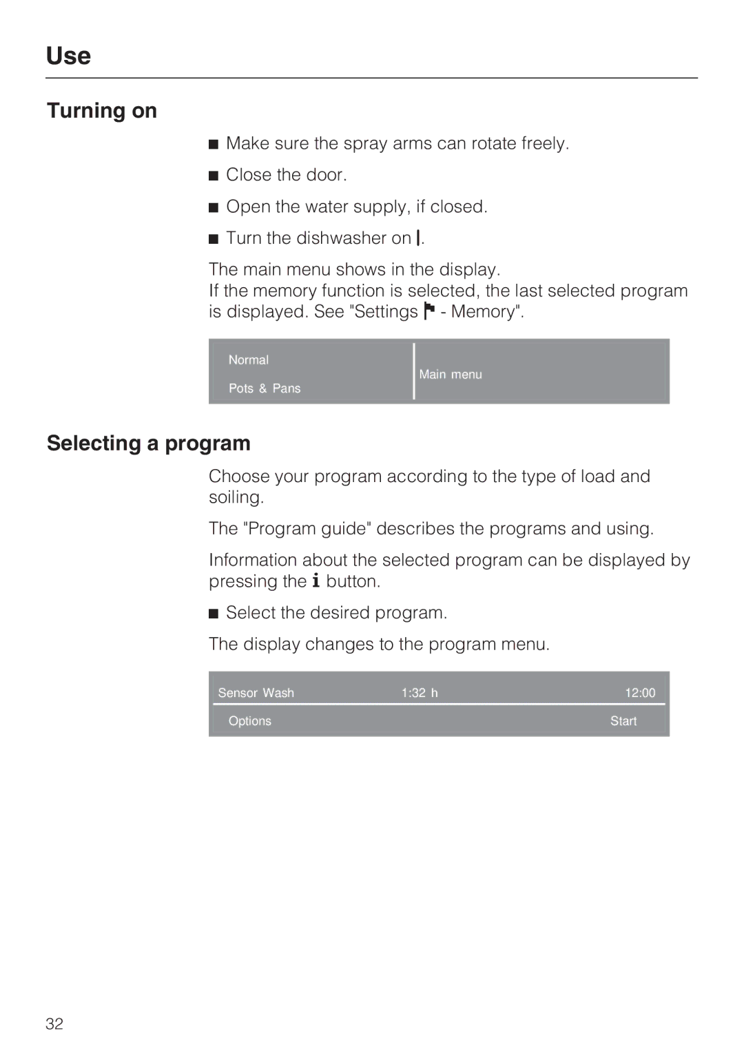 Miele G 2872 operating instructions Turning on, Selecting a program 