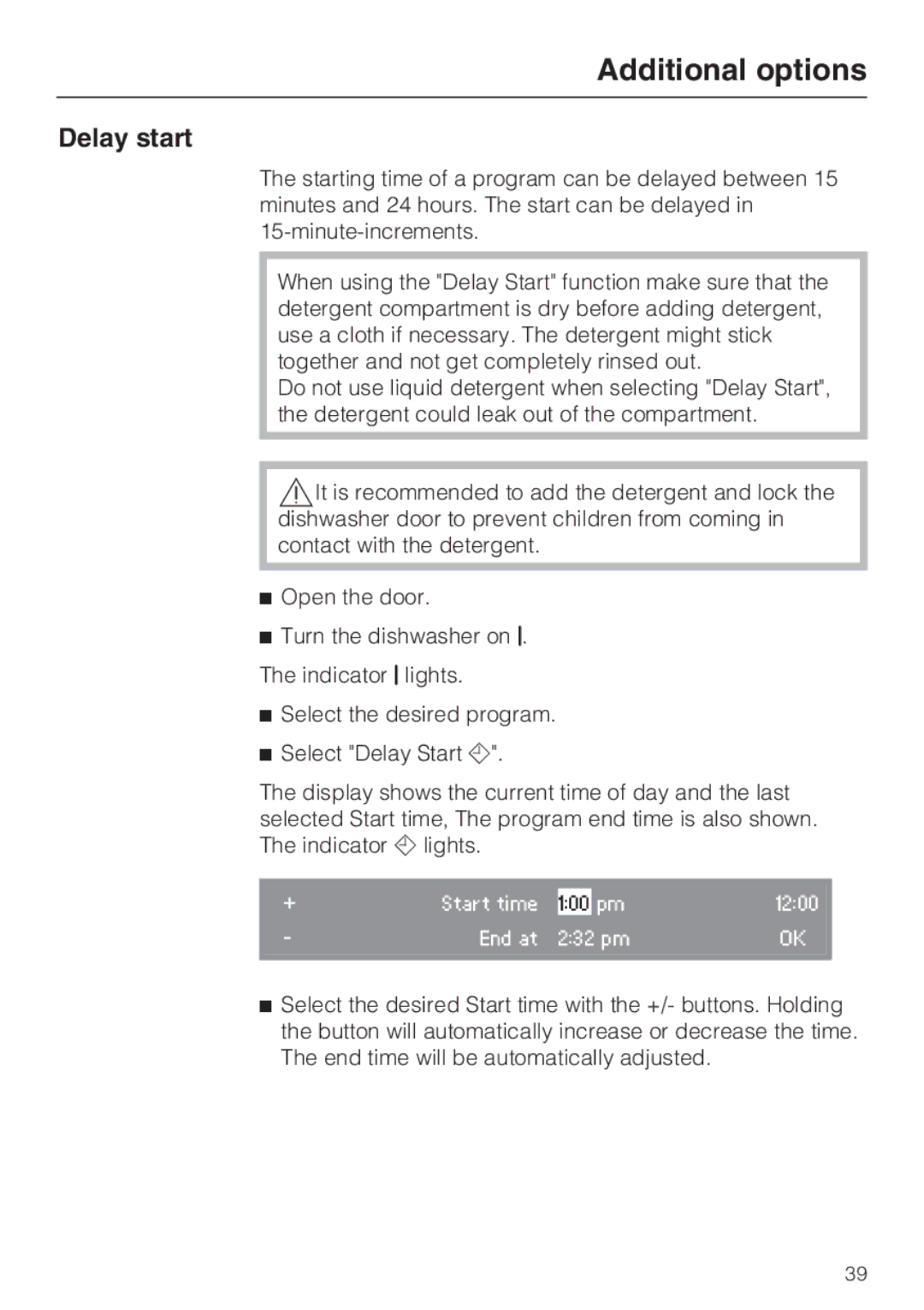 Miele G 2872 operating instructions Additional options, Delay start 