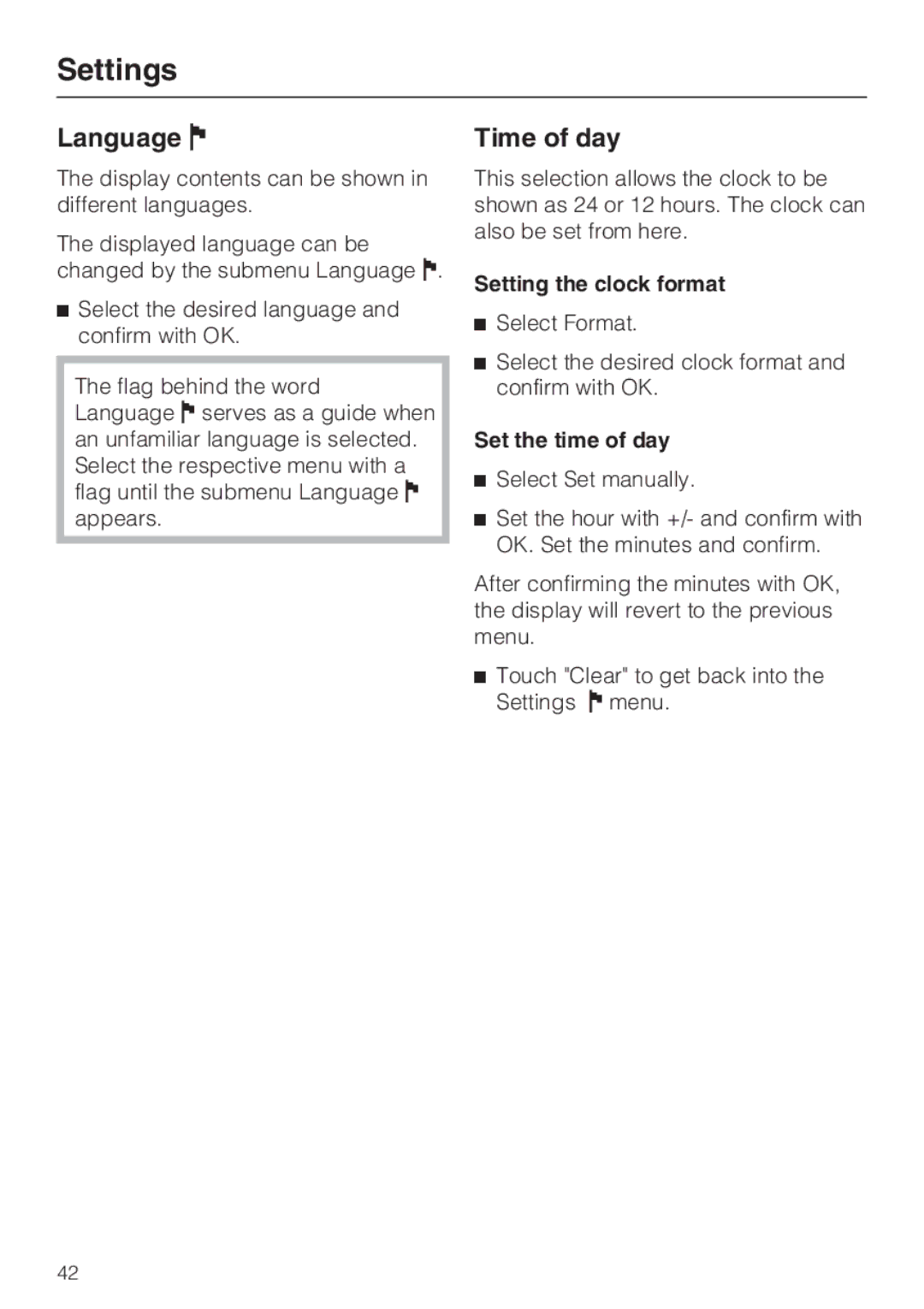 Miele G 2872 operating instructions Language, Time of day, Setting the clock format, Set the time of day 