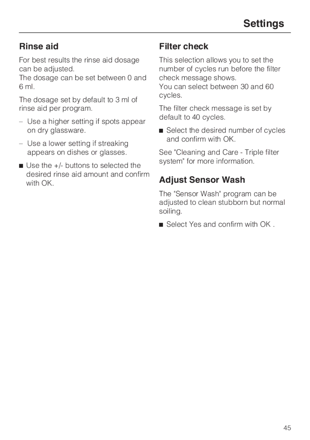 Miele G 2872 operating instructions Filter check, Adjust Sensor Wash 