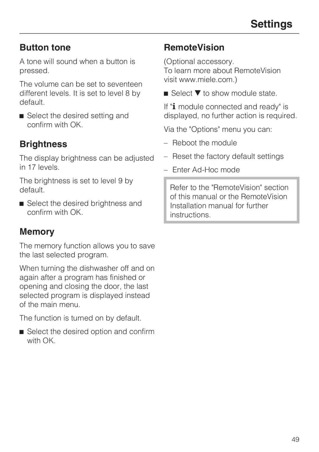 Miele G 2872 operating instructions Button tone, Brightness, Memory, RemoteVision 