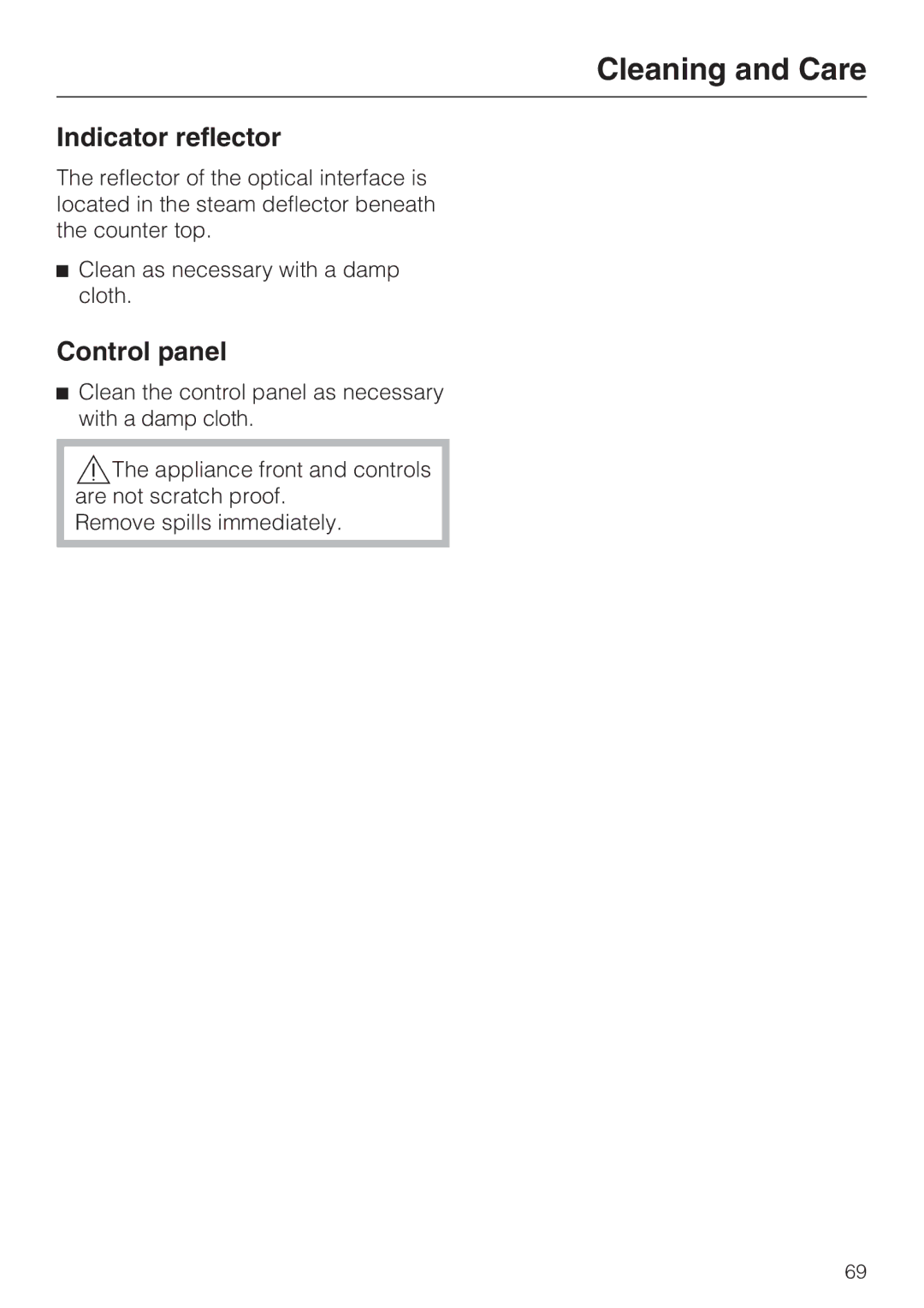 Miele G 2872 operating instructions Indicator reflector, Control panel 