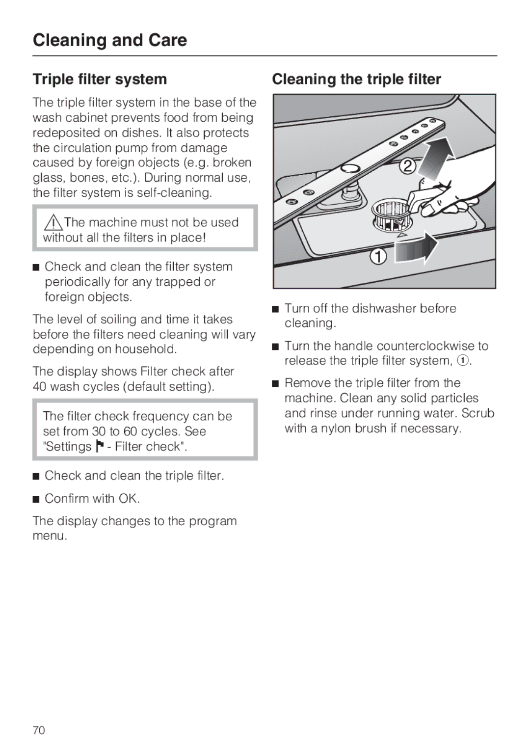 Miele G 2872 operating instructions Triple filter system Cleaning the triple filter 