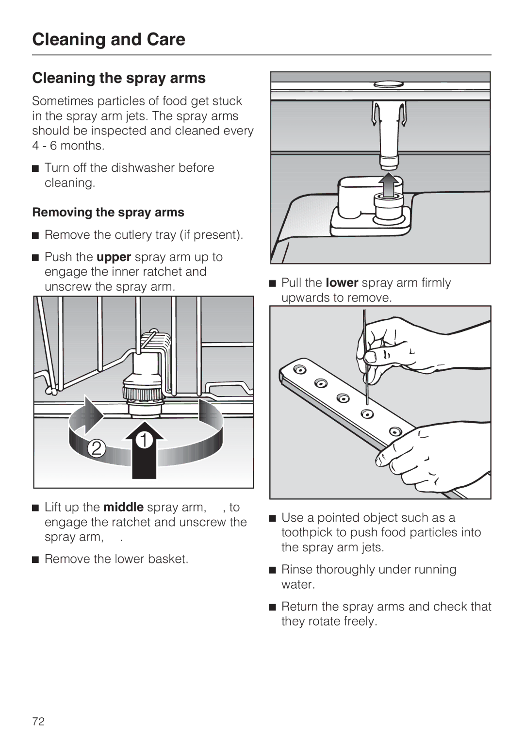 Miele G 2872 operating instructions Cleaning the spray arms, Removing the spray arms 