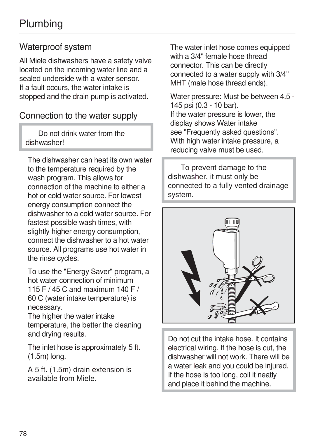 Miele G 2872 operating instructions Plumbing, Waterproof system, Connection to the water supply 