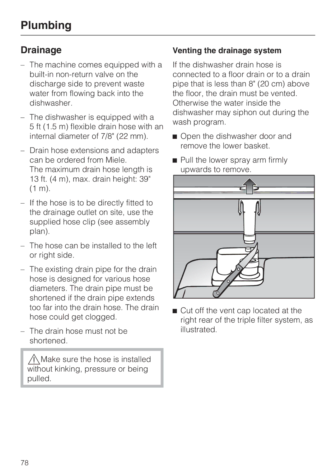 Miele G 2872 operating instructions Drainage, Venting the drainage system 