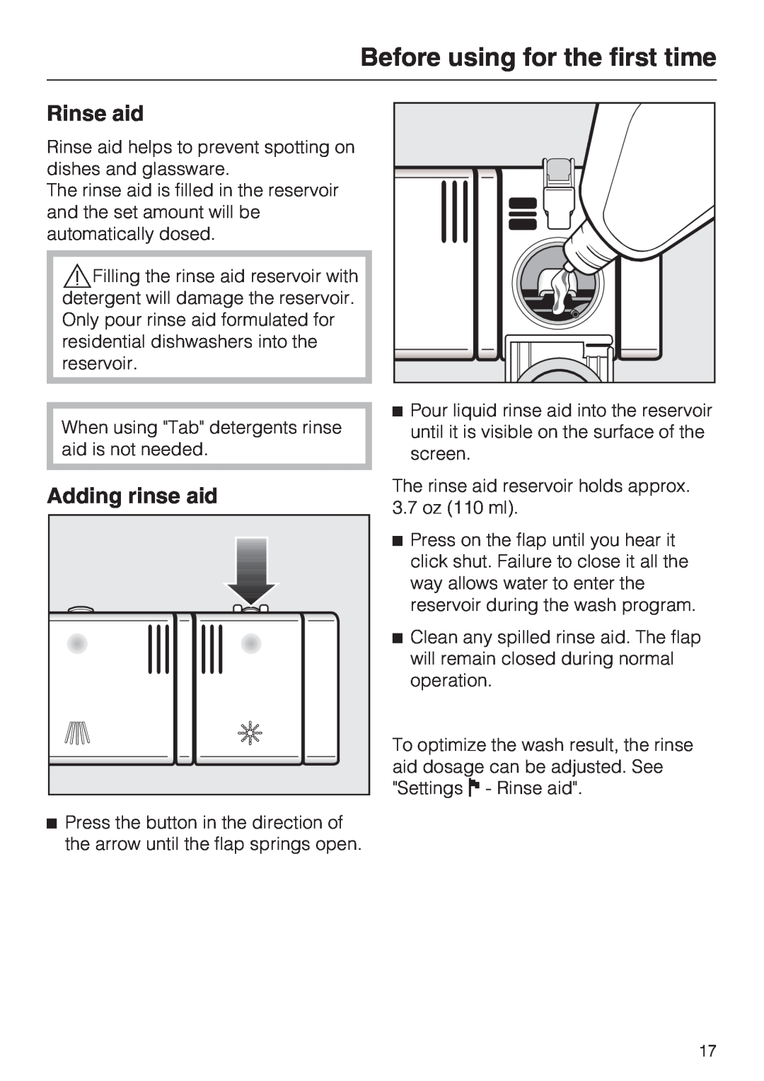 Miele G 2872 operating instructions Rinse aid, Adding rinse aid, Before using for the first time 