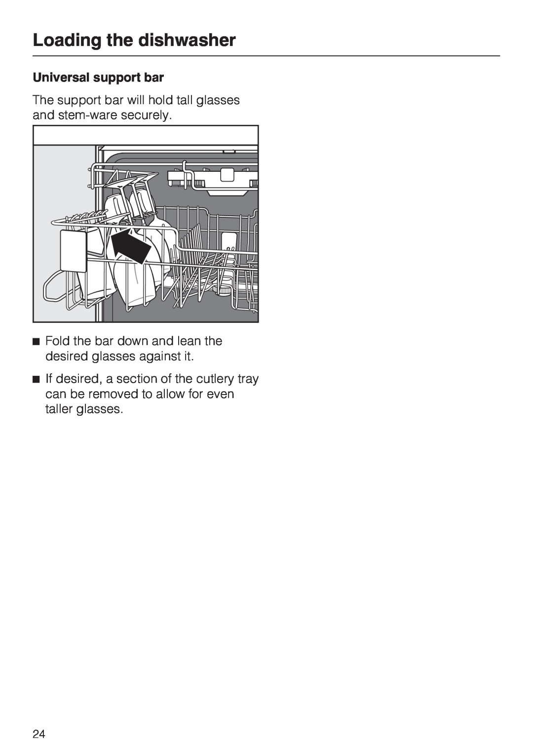 Miele G 2872 operating instructions Loading the dishwasher, Universal support bar 
