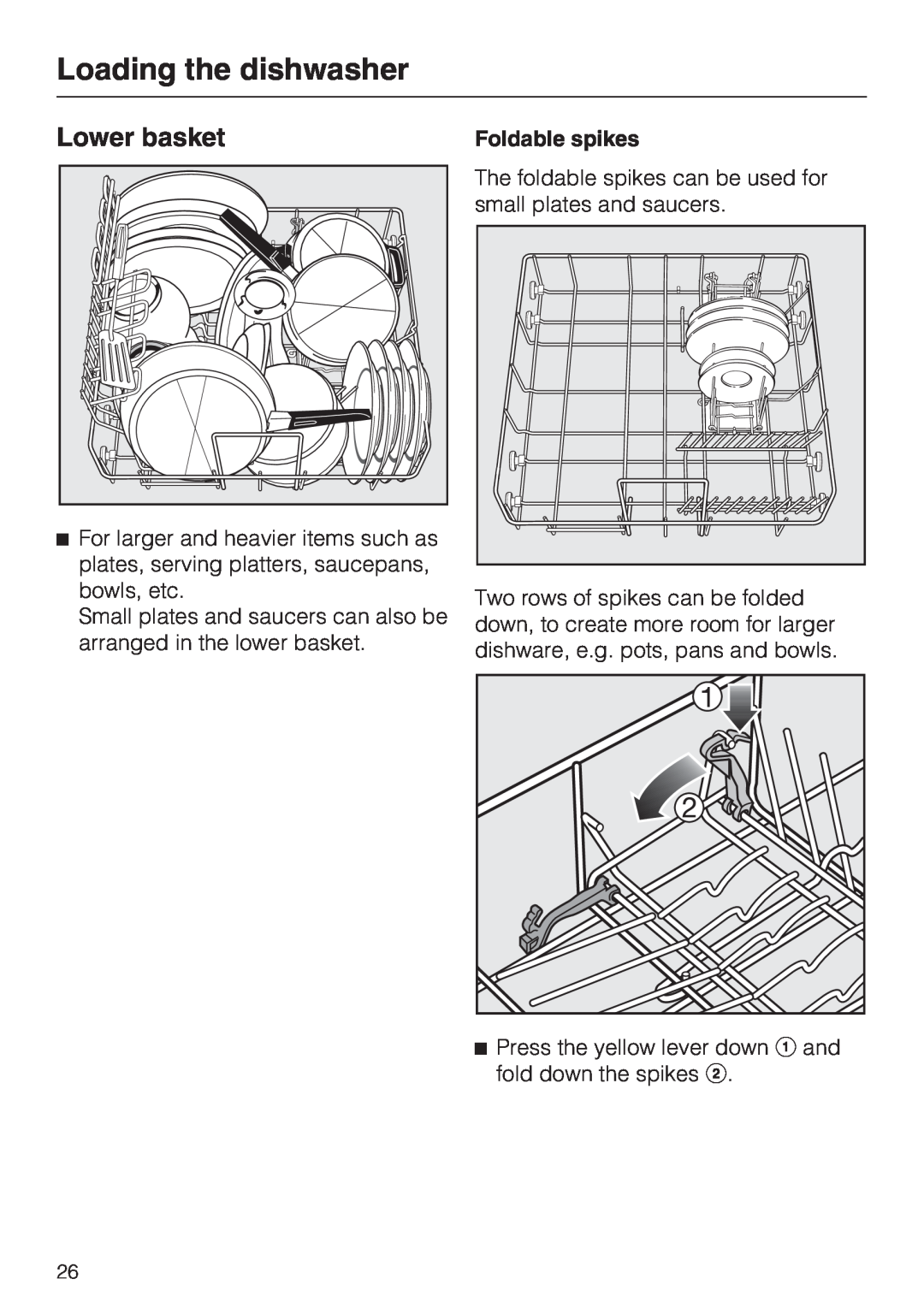 Miele G 2872 operating instructions Lower basket, Loading the dishwasher, Foldable spikes 