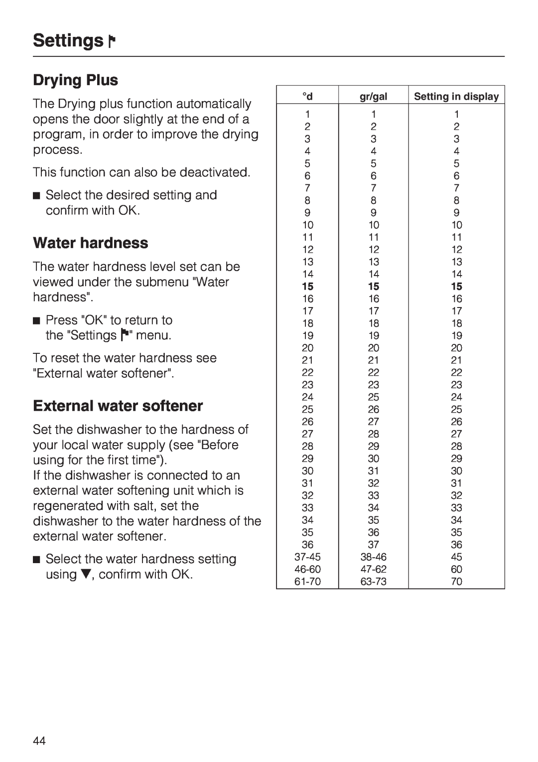 Miele G 2872 operating instructions Drying Plus, Water hardness, Settings, External water softener 