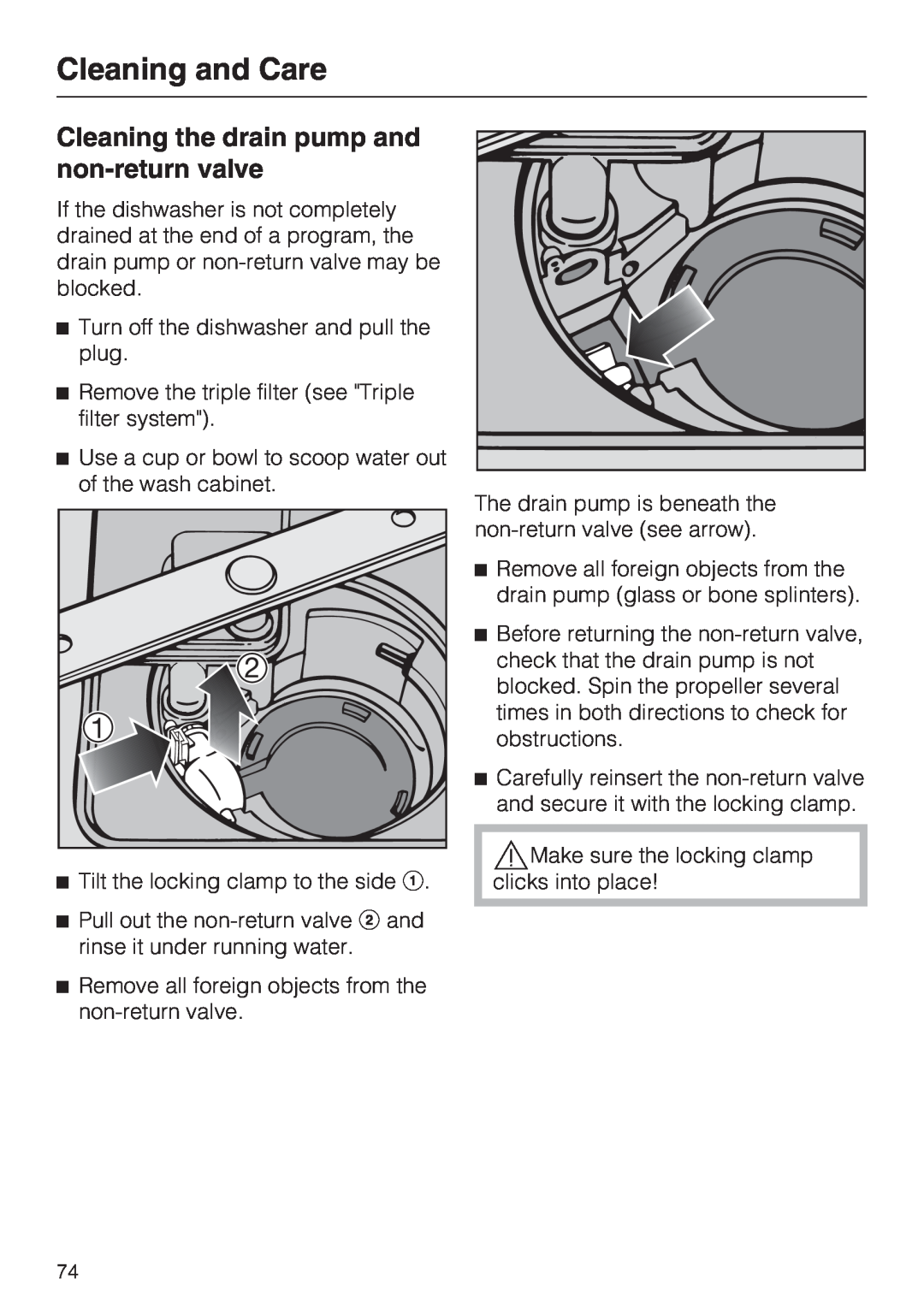 Miele G 2872 operating instructions Cleaning the drain pump and non-returnvalve, Cleaning and Care 