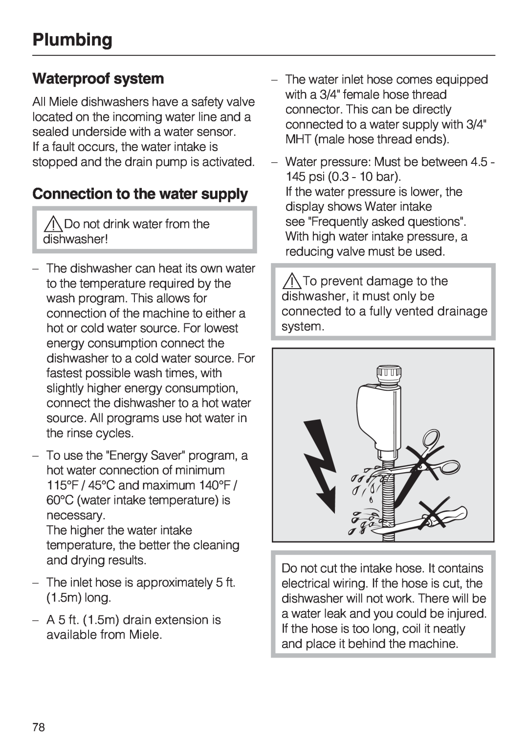 Miele G 2872 operating instructions Plumbing, Waterproof system, Connection to the water supply 