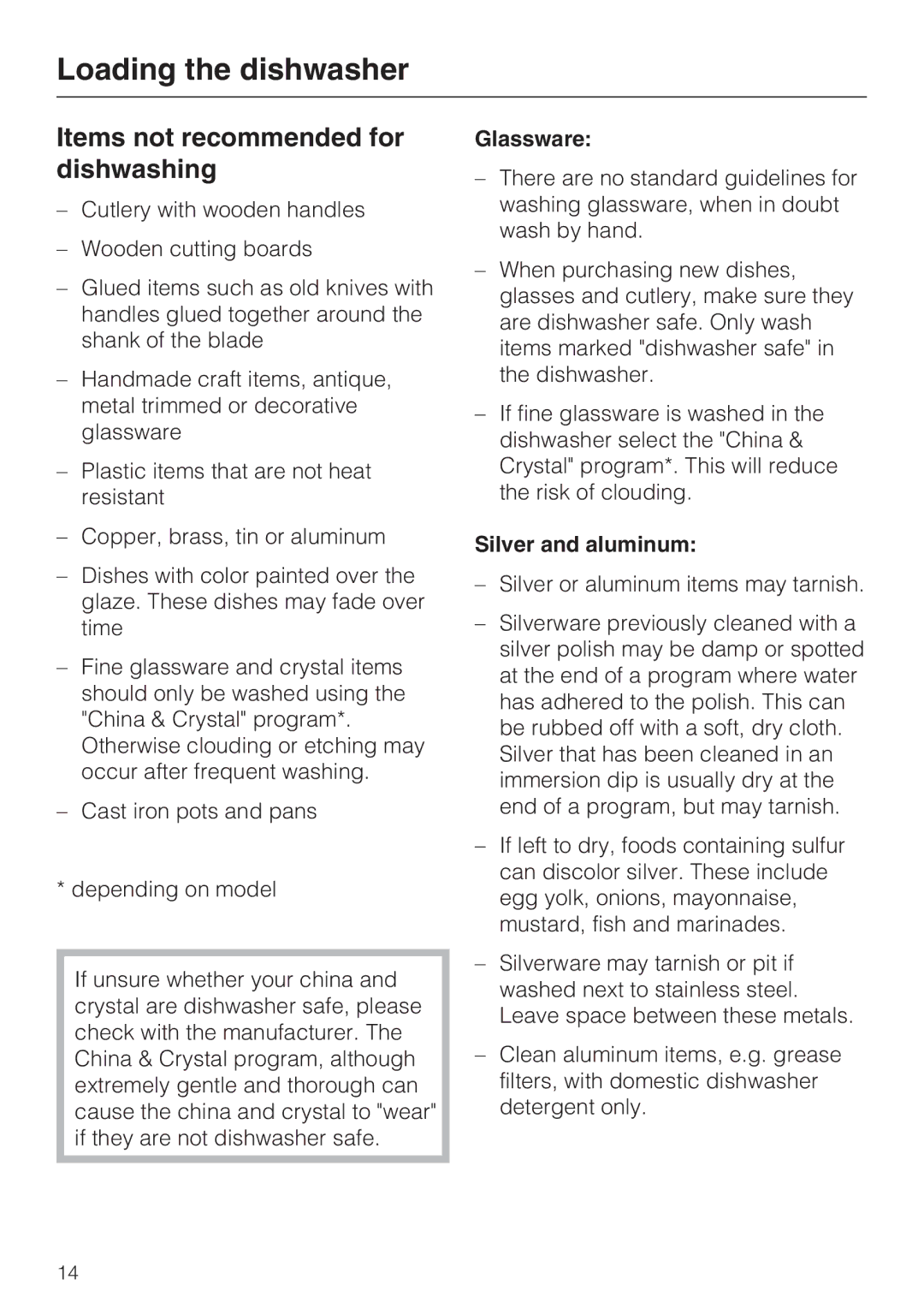 Miele G 4205 operating instructions Items not recommended for dishwashing, Glassware, Silver and aluminum 