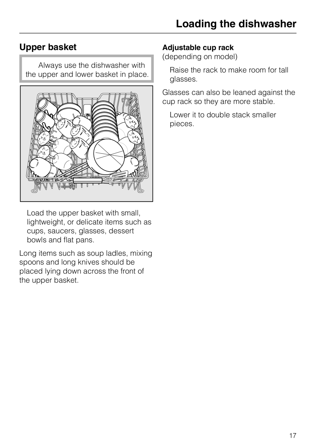 Miele G 4205 operating instructions Upper basket, Adjustable cup rack 