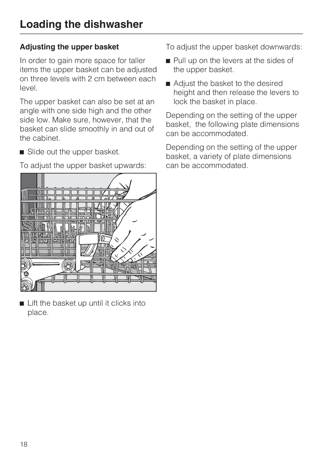 Miele G 4205 operating instructions Adjusting the upper basket 