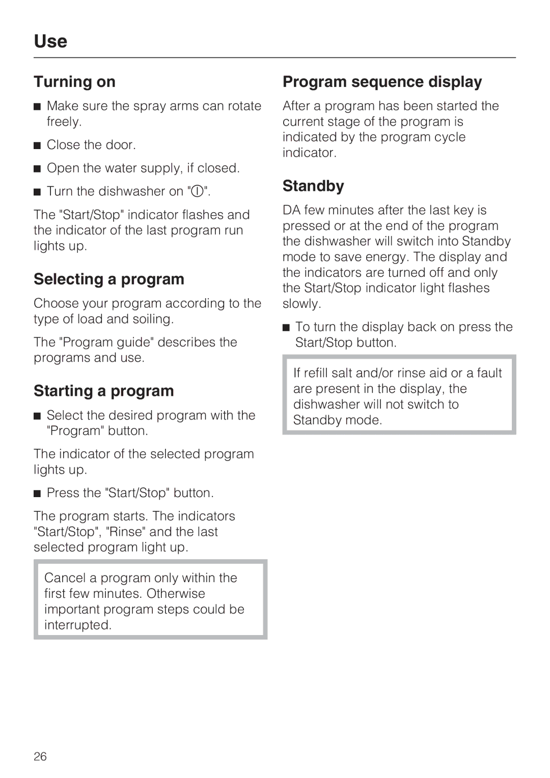Miele G 4205 operating instructions Turning on, Selecting a program, Starting a program, Program sequence display, Standby 
